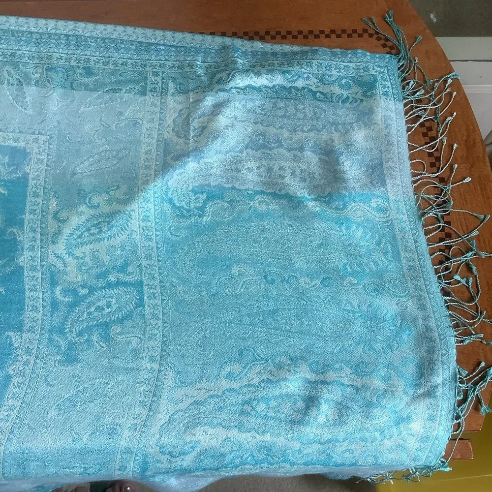 Silk Aqua Blue Paisley Summer Wrap with Fringe